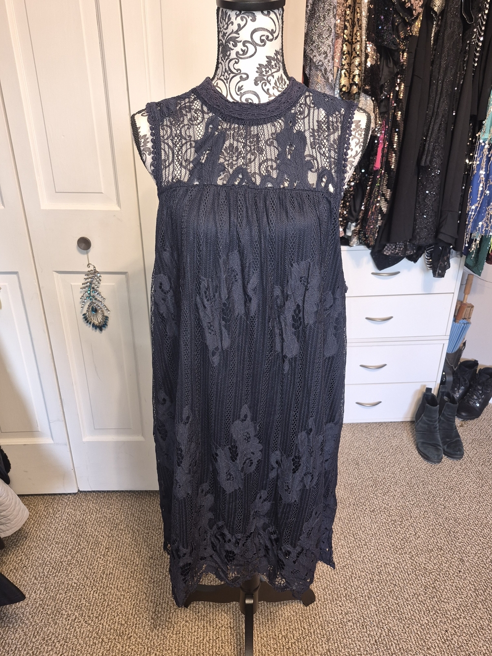 Maurices Navy Lace Midi Dress with Floral Overlay - 2(18/20W)